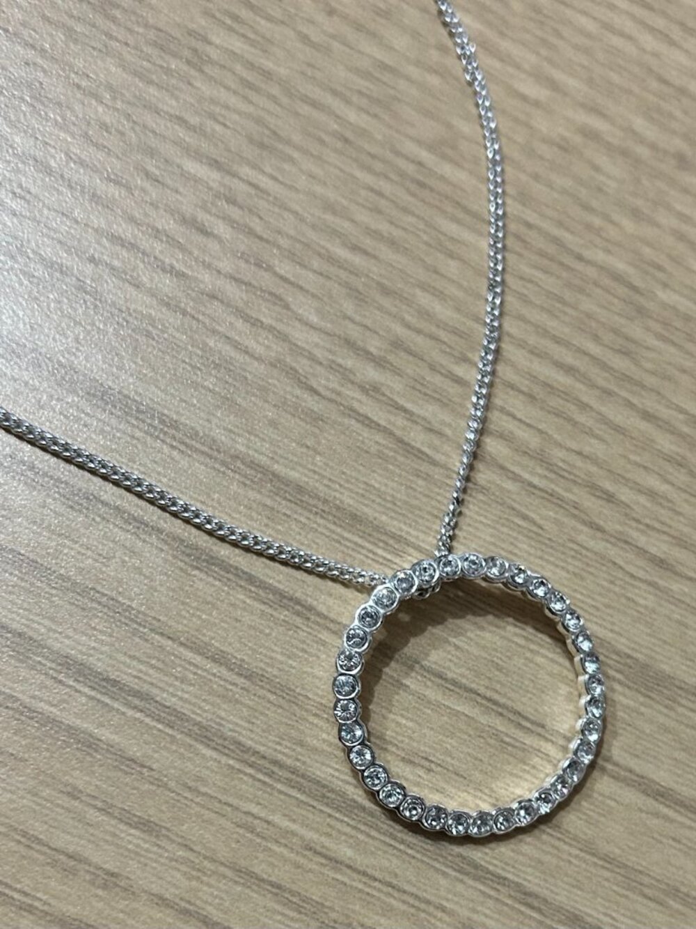 Vintage Monet Silver Tone Clear Rhinestone Open Circle Pendant Chain Necklace